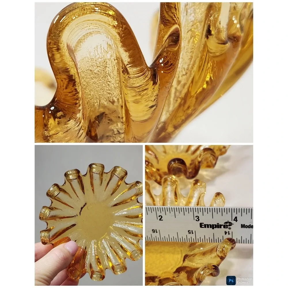 Vintage‎ Amber Art Glass Ruffled Finger Bowl Set 3 Mid Century Modern Honey Gold